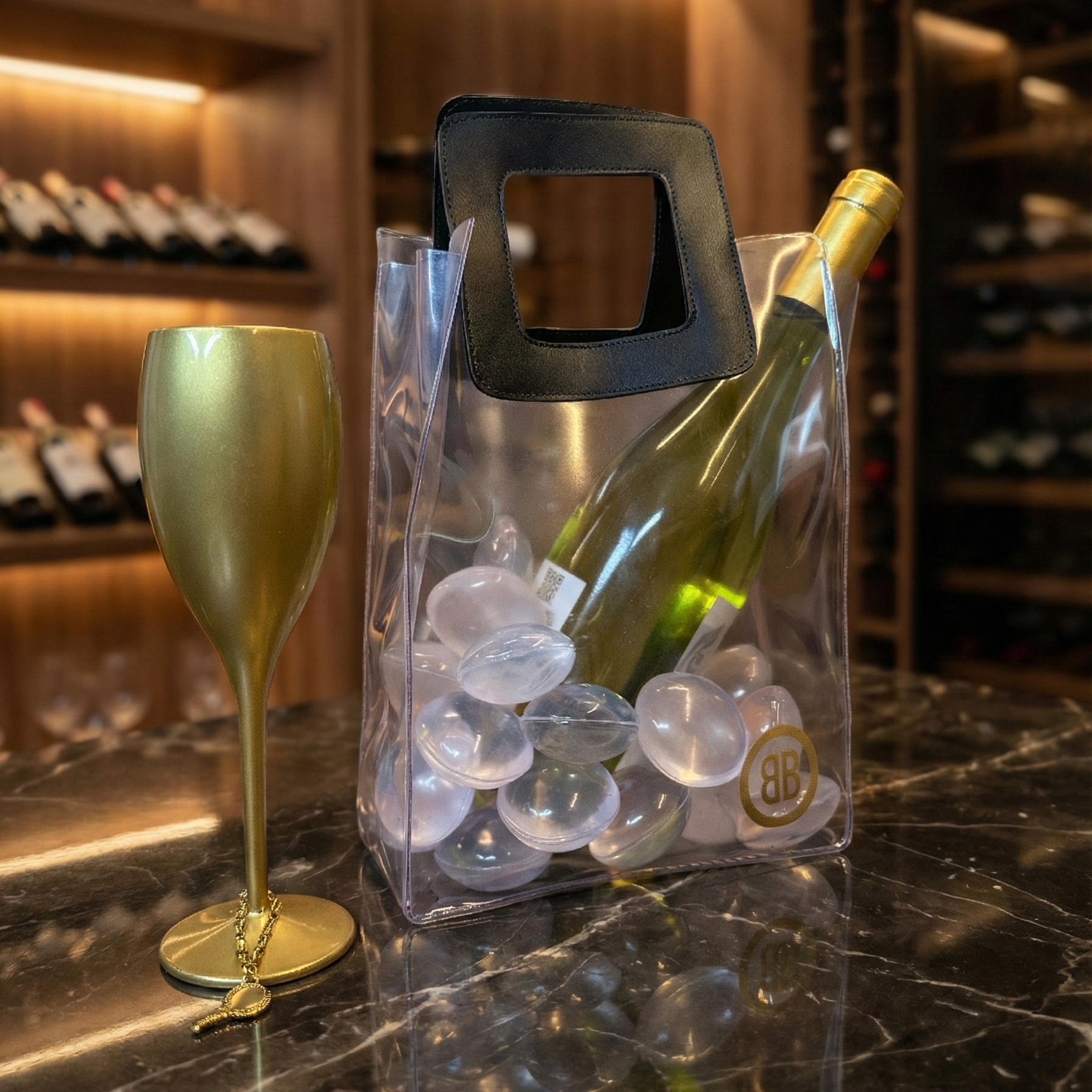 Kit Verão Ice Bag Acqua + Taça Dourada + Marcador  de Taça Beach Tennis Folheado a Ouro